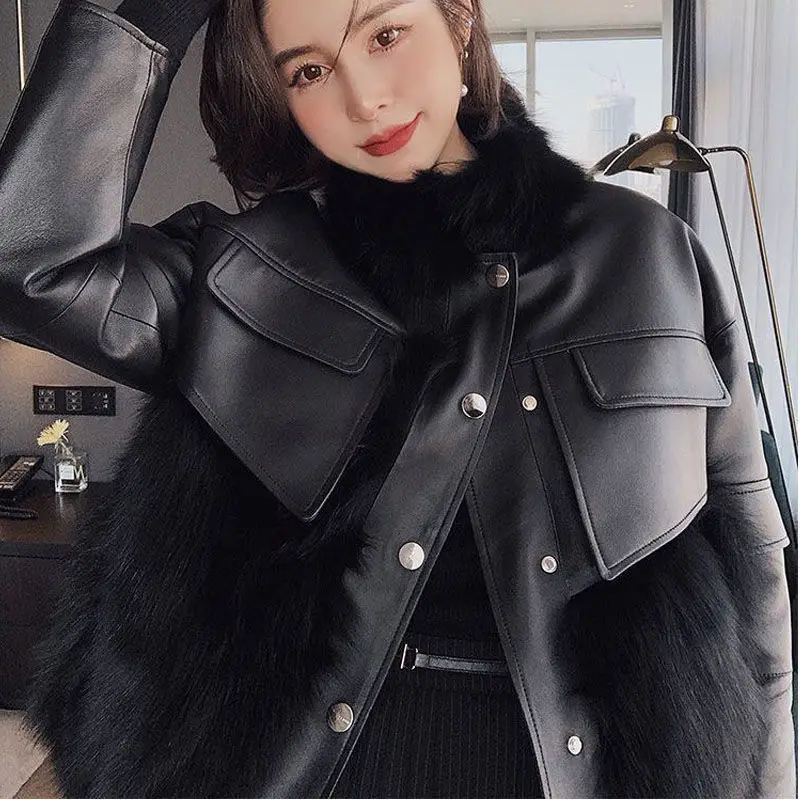 

Women Faux Fur Leather Coat Jackets Female Turn--down Collar Thicken Long Sleeve Warm Overcoat Ladies Fake Fur Furry Coats G118