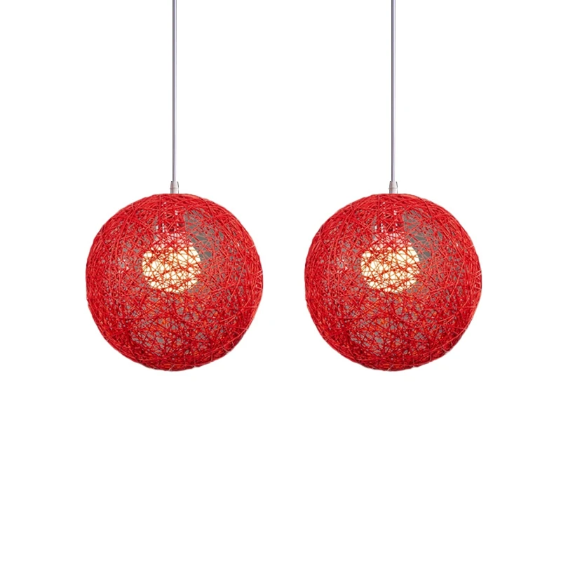 

2X Red Bamboo, Rattan And Hemp Ball Chandelier Individual Creativity Spherical Rattan Nest Lampshade