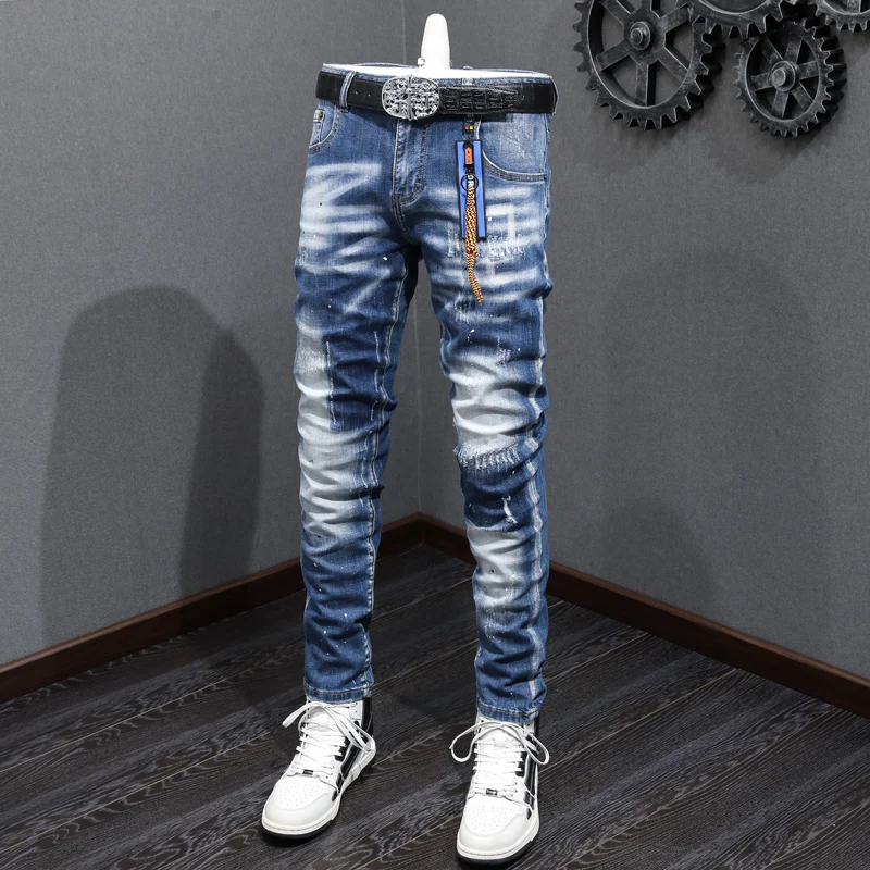 Fashion Designer Men Jeans Retro Blue Plain Washed Elastic Stretch Skinny Ripped Jeans Men Painted Hip Hop Denim Pants Hombre