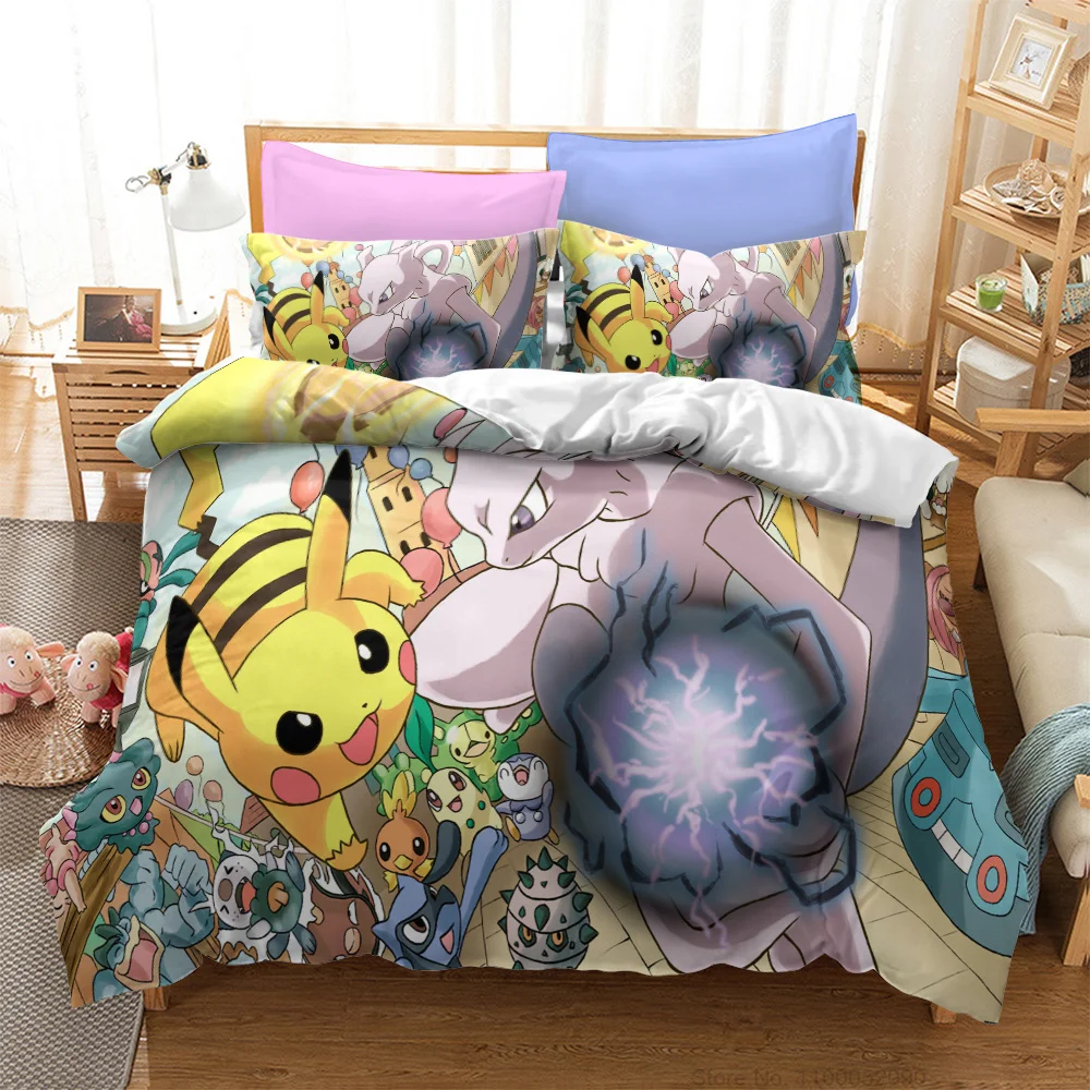 

Pokemon Quilt Cover Children Cartoon 3D Digital Printing Duvet Cover And Pillowcase Set For Kid Bedroom Bedding Christmas Gifts