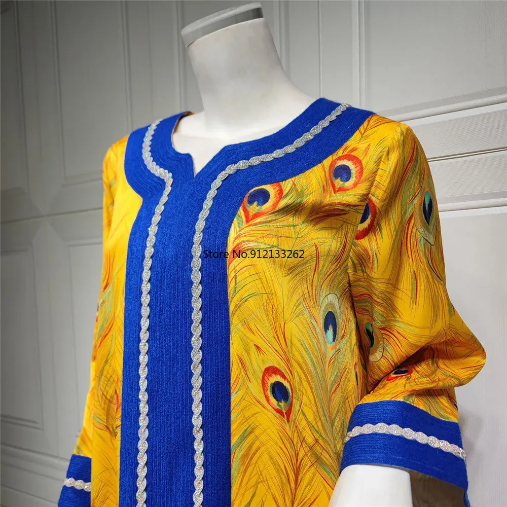 Elegant Ethnic Print Maxi Dress for Women Spring 2023 New Muslim Jalabiya Dubai Moroccan Caftan Middle Eastern Clothes Ramadan