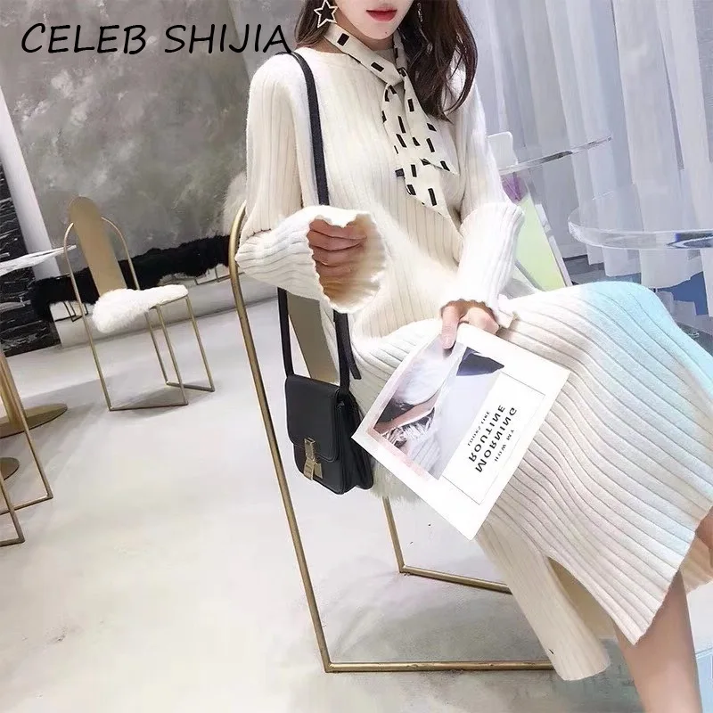 Женское трикотажное платье-свитер SHIJIA элегантное теплое вязаное платье с