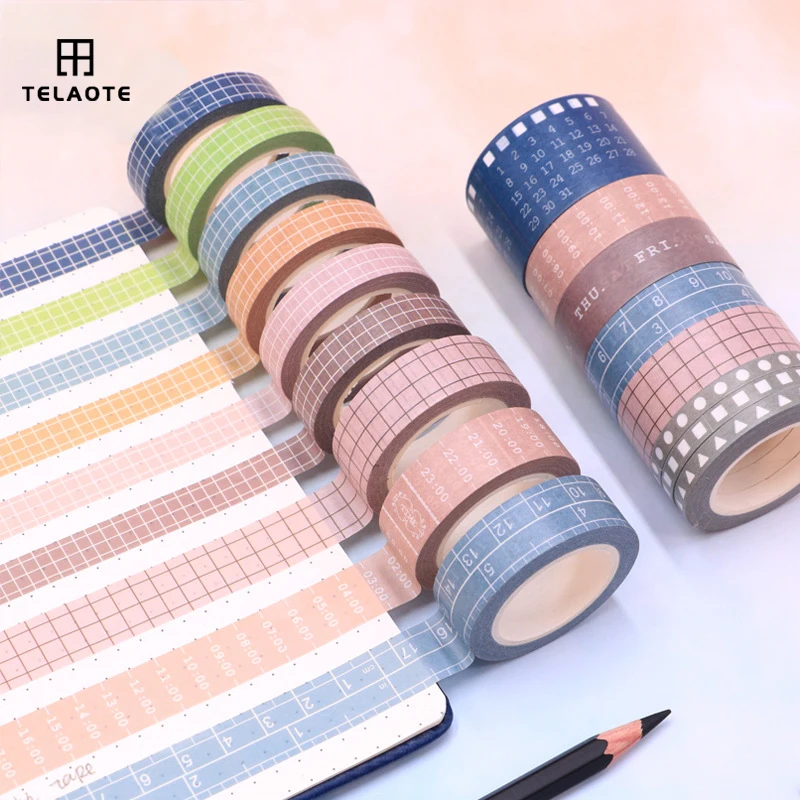 

10m Grid Washi Tape Set Masking Tape Washy Tape Mesh Solid Color Time Ruler Date Week Extra Wide Washie Tape Vintage Tickets