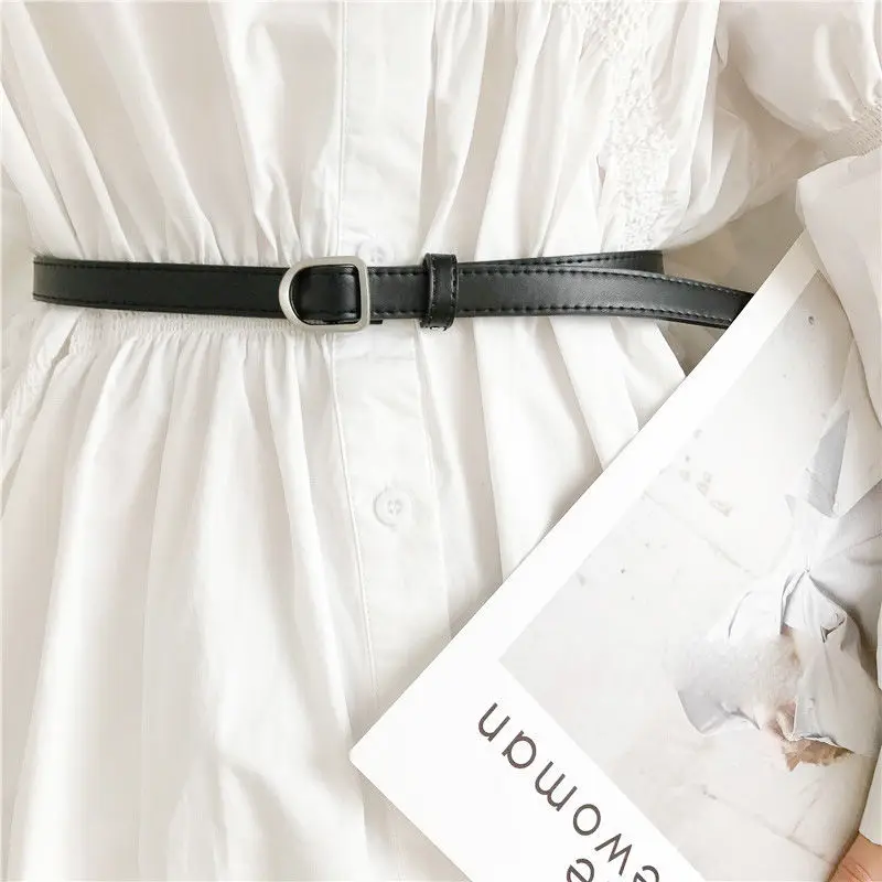 

New simple alloy belt head black / Brown non perforated girls' PU leather versatile narrow soft belt