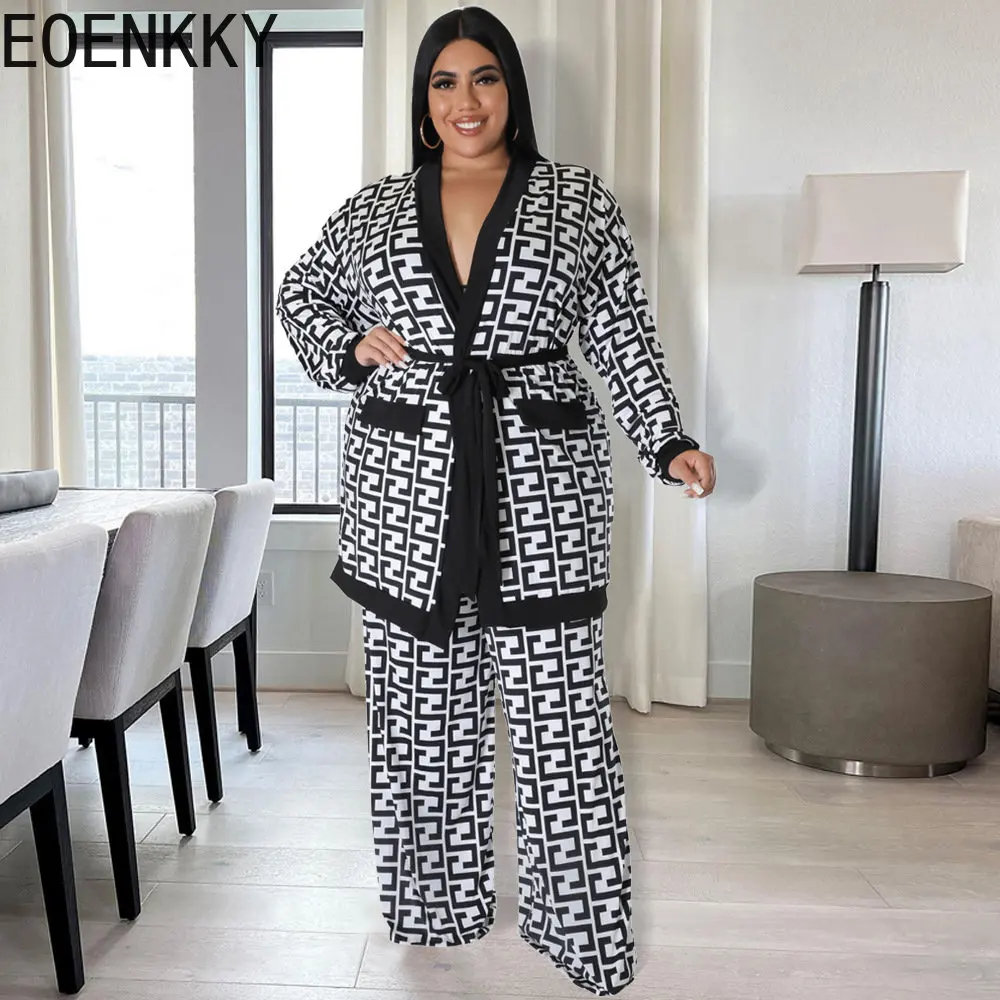 

EOENKKY Plus Size Autumn Winter Large Size Leisure Suit Long Lace-up 2 Pieces Exotic Apparel Wholesale Dropshiping Customize