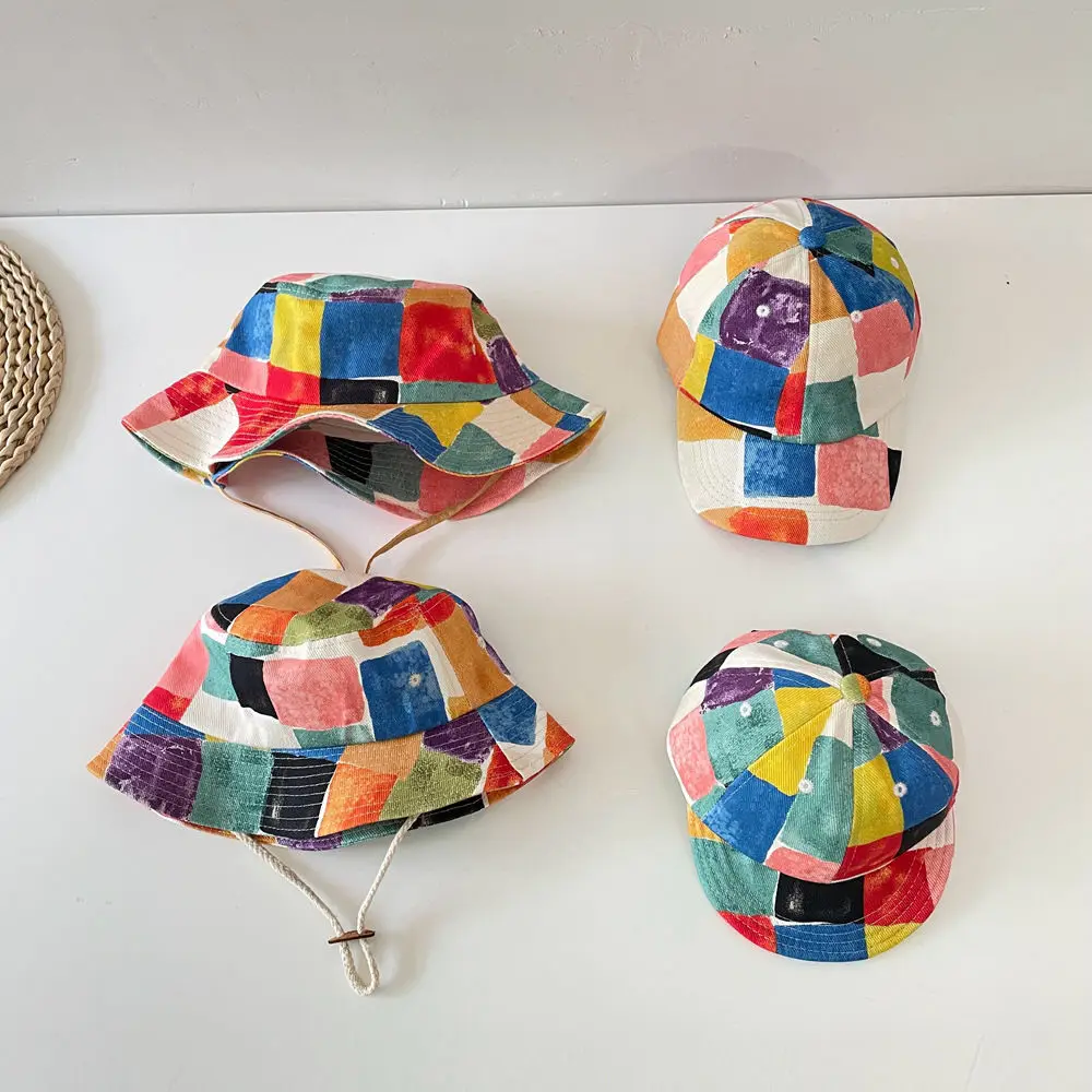 2023 New Spring Big Brim Fisherman Hat Brothers and Sisters Hat Children Graffiti Color Block Baseball Cap Baby Hat Baby Girl