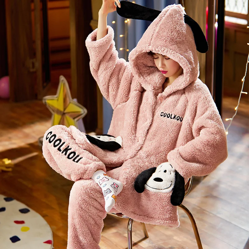 New Women Flannel Pajamas Women Winter Keep Warm Students Cute Cartoon Coral Fleece Robe Nightgown Comfortable Household Wear