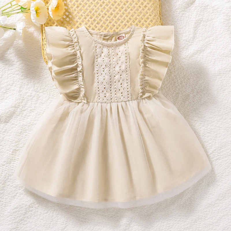 

2023 Summer Baby Girls Dress 1-3 Years Old Lace Flying Sleeve Mesh Princess Dresses Newborn Clothes Cream Newborn Frocks