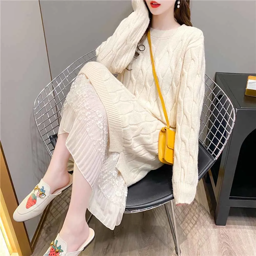 

Sweater Pink Medium Length Dress Women's Autumn Winter New 2021 Sweet Solid Color Mesh Hem Stitching Knitted Long Sleeve Dresses