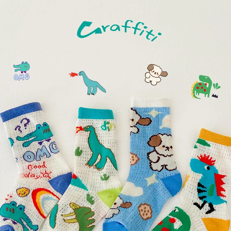 

2022 Summer Children's Breathable Short Socks Kids Baby Cartoon Tube Girls Cute Fishnet Stockings Boys Graffiti Mid Tube Socks
