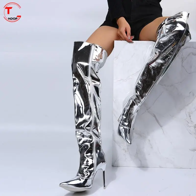 Limited Release 2022 Fashion Women's Boots Patent Leather Zip Over Knee Boots Ladies Square High Heels Pointed Toe TGHDOF