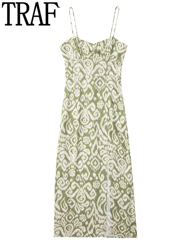

TRAF Green Print Corset Dress Woman Vintage Slip Long Dress Women Backless Summer Dresses Woman 2022 Slit Sexy Party Dresses