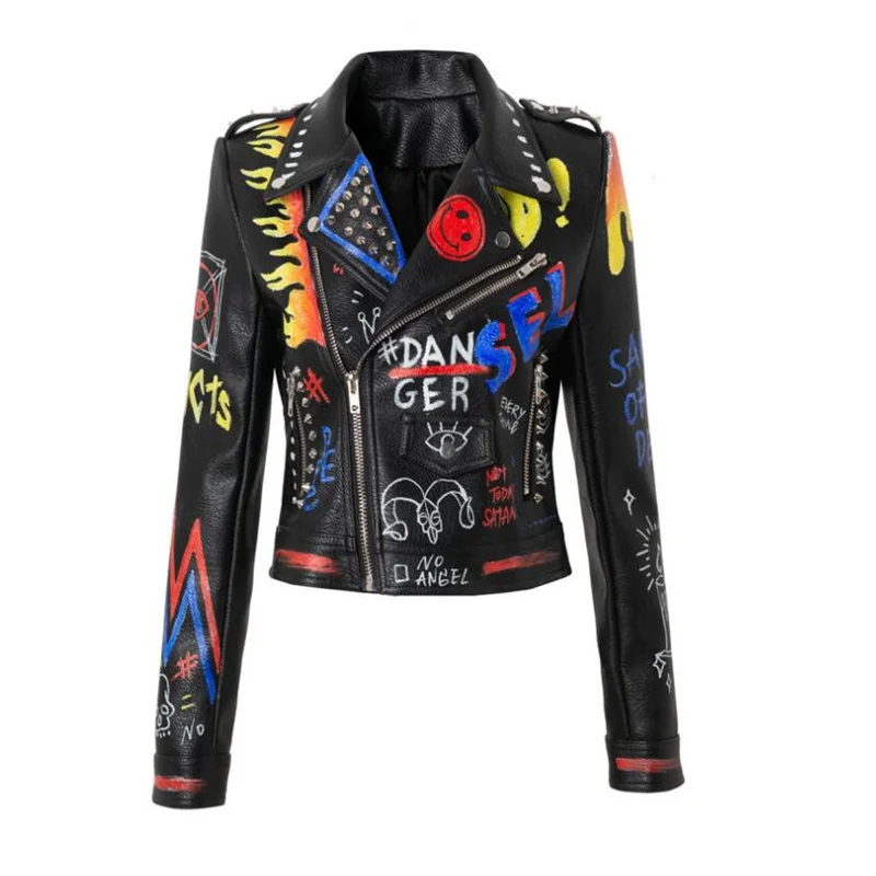 Motorcycle leather jacket women graffiti print slim long rivet bullet PU coats fashion пальто женское весна black large