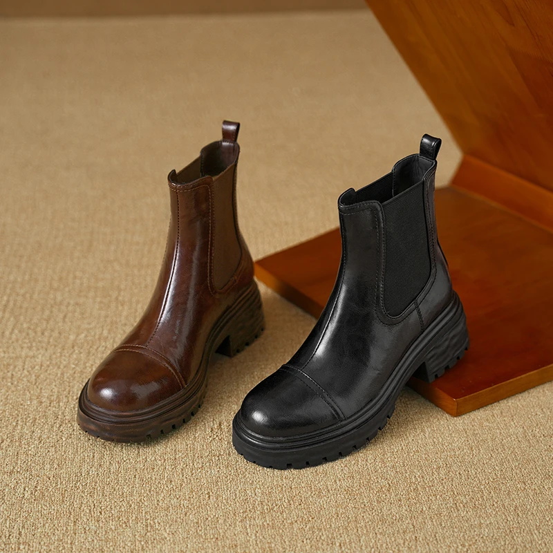 Women's Classic Winter Leather Chelsea Boots with Chunky Lug Sole Round Cap Toe and Elasticized Sides for Easy Slip-On
