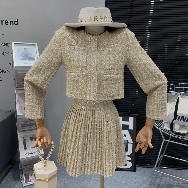 

High Quality Women Single Breasted Sequin Tweed Set Fashion Female Long Sleeve Slim Short Jacket + Pleated A-Line Mini Skirt