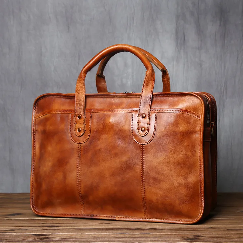 Retro business genuine leather men's high-capacity briefcase work multi-compartment handbag real cowhide shoulder messenger bag