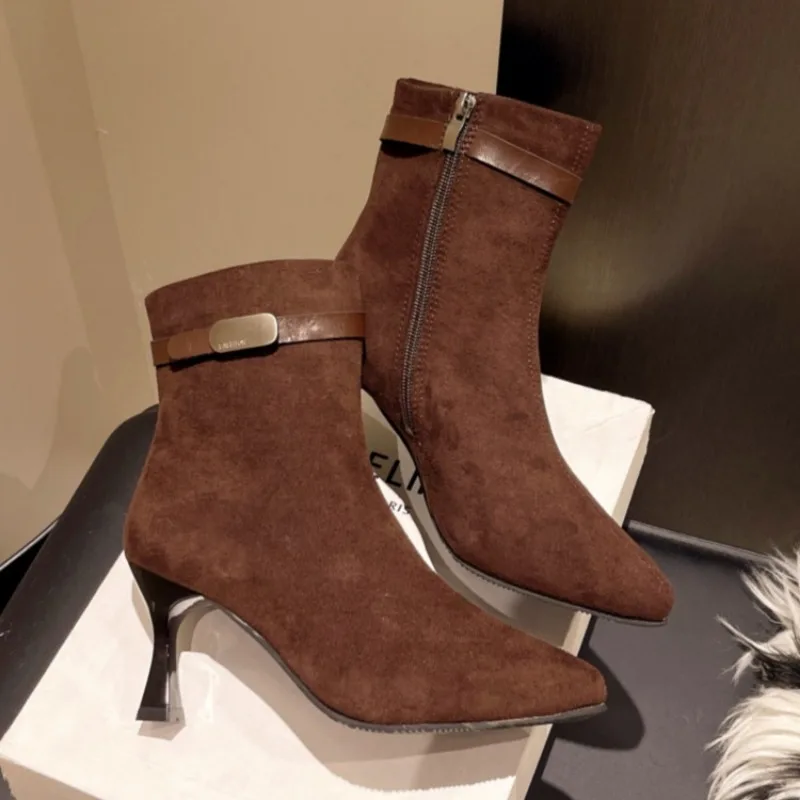 Женские ботильоны на высоком каблуке пикантные замшевые элегантные туфли с