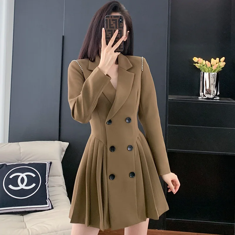 Korean Office Ladies Pleated Suit Dress Summer Short Sleeve Slim Waist Turndown Collar Solid Elegant A-line Knee Length Dresses