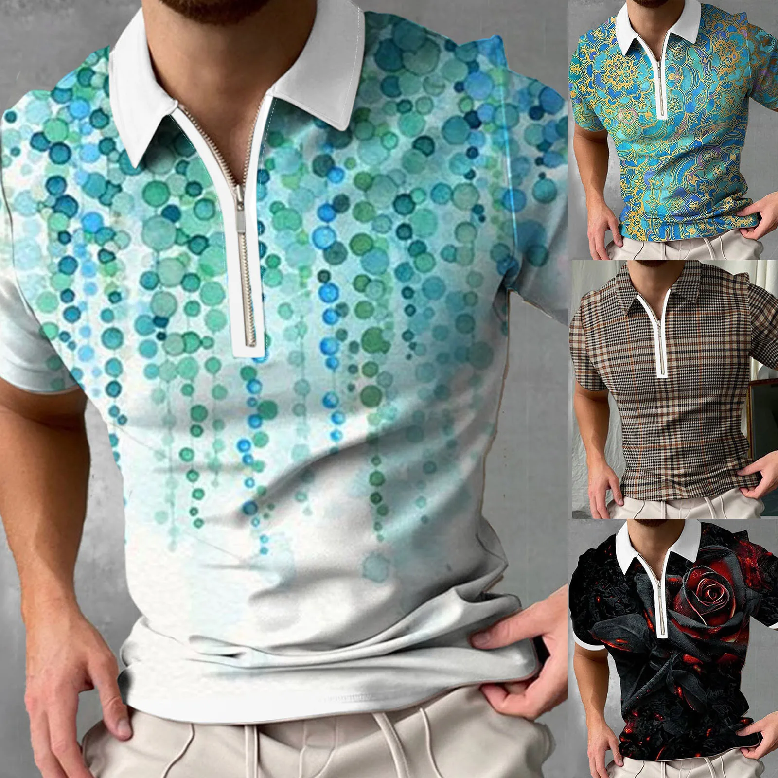 

Male Casual Print Zipper Turn Down Collar Blouse Short Sleeve Tops Shirt Shirt