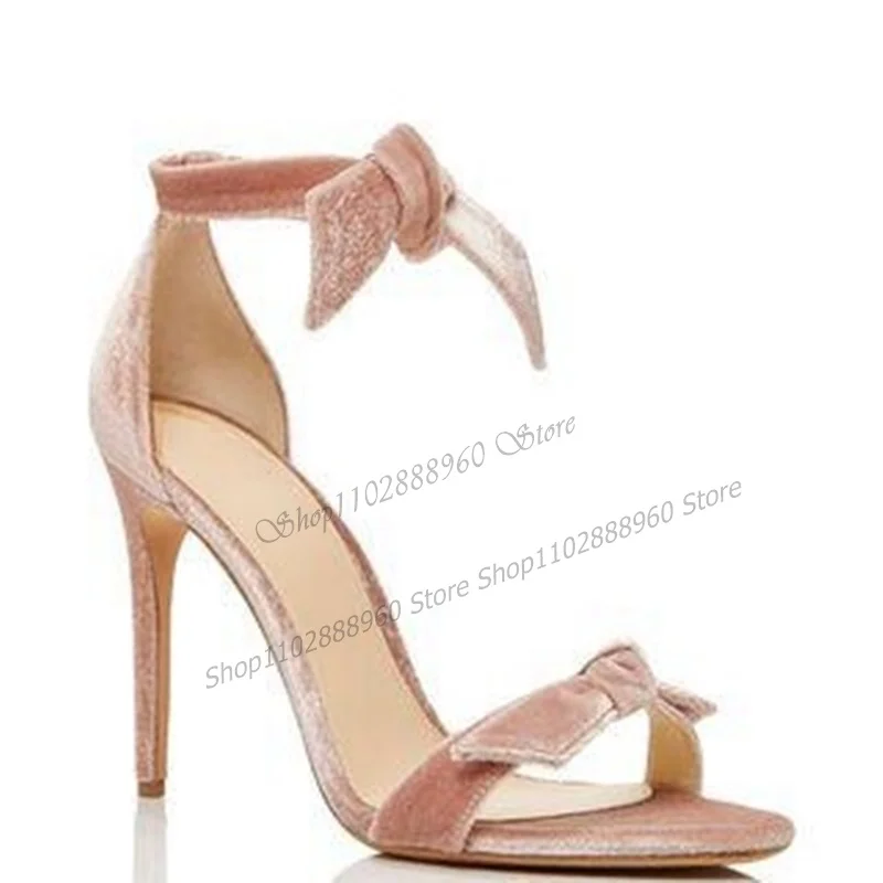 Женские замшевые сандалии на высоком каблуке Розовые босоножки шпильке с бантом