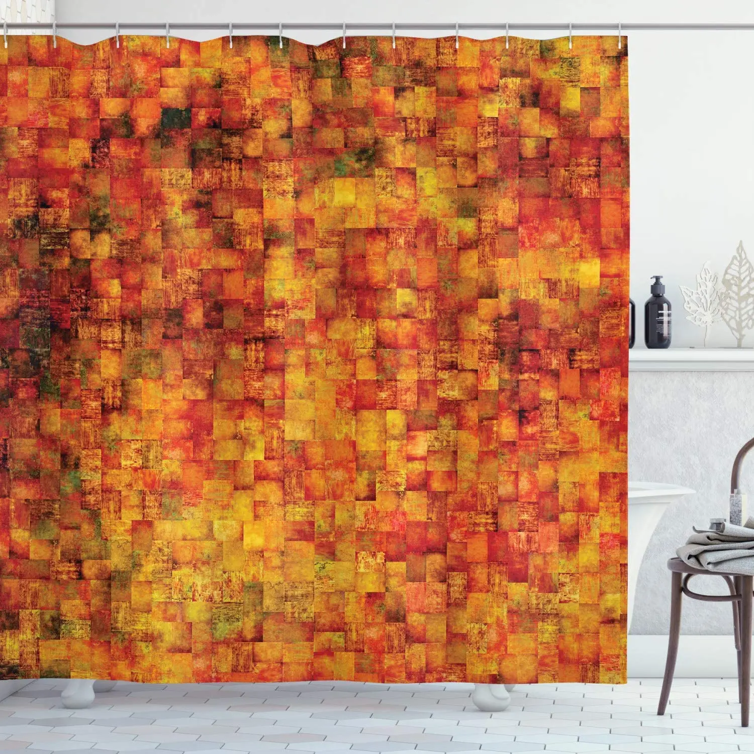 

Burnt Orange Shower Curtain Vintage Mosaic Background Quadratic Little Geometric Squares Faded Print Cloth Fabric Bathroom Decor