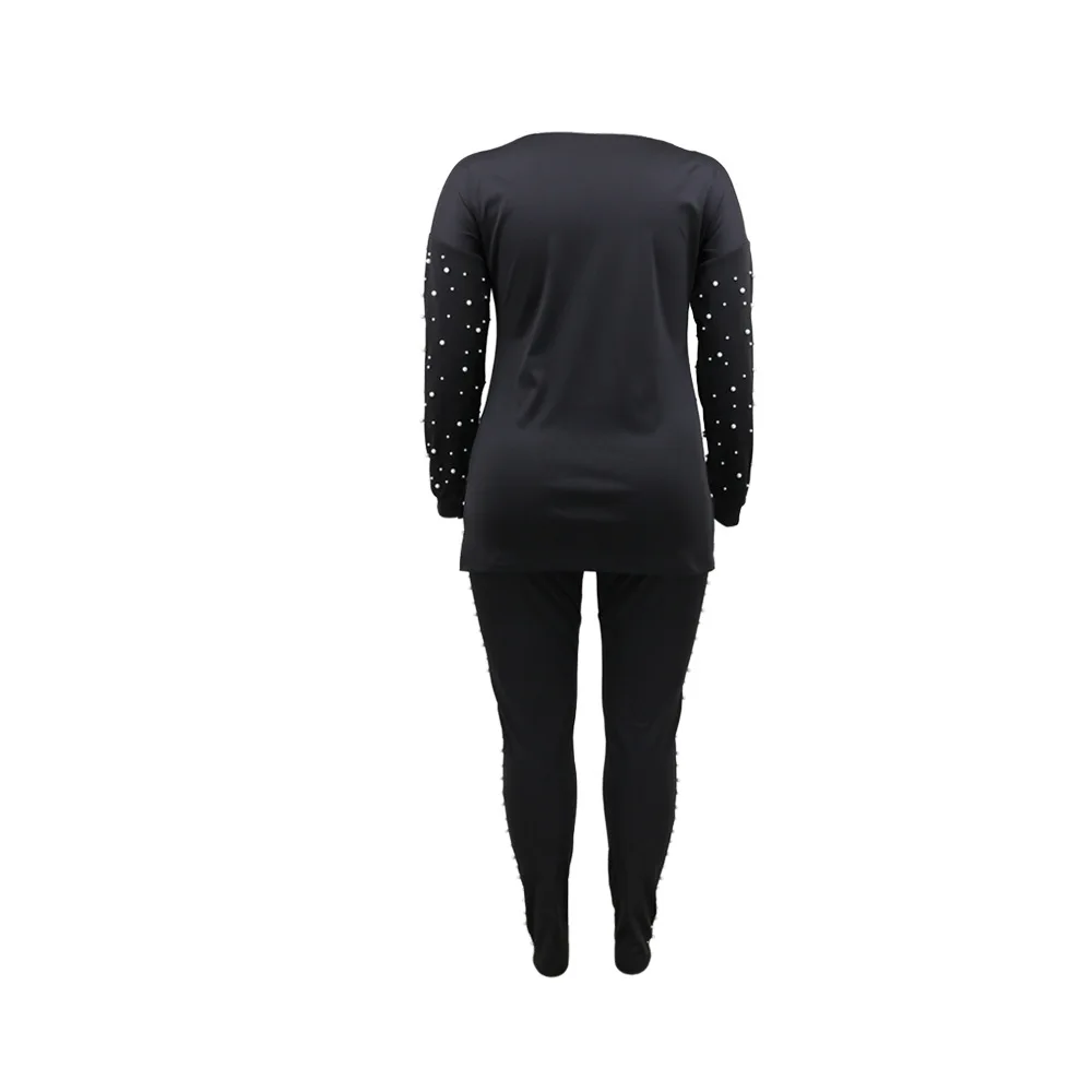 Plus Size Women Clothing Solid Color Long Sleeve Fashionable Bubble Bead Round Neck Top Casual Trousers Two-piece Suit Slim Fit