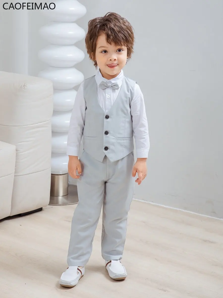 

Birthday Costume for Boy Gentleman Outfits Children Spring Autumn Boutique Clothing Set Solid Vest Suit Kids Cotton Formal Wears