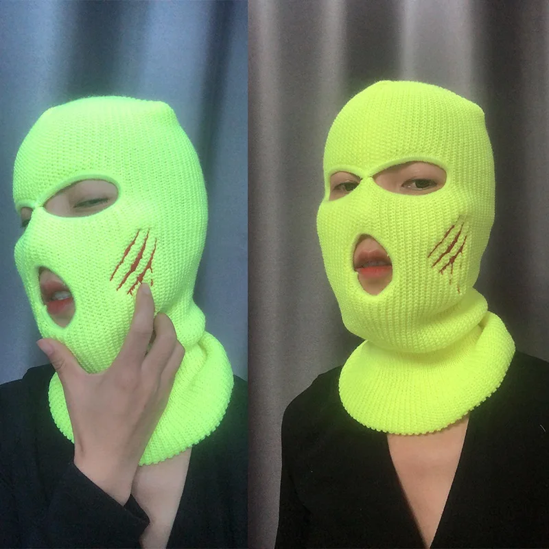 

3 Holes Embroidery Halloween Party Knitting Balaclava Solid Color Face Protection Keep Warm Unisex Ski Cap Beanie