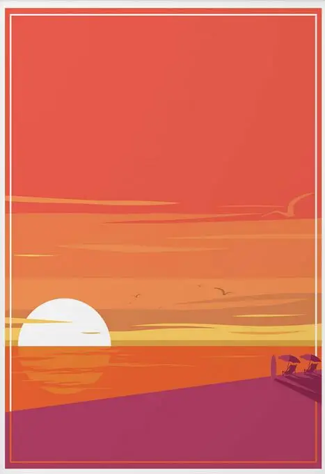 

Retro Sunset Minimal Coastal Beach Art print Silk poster Home Wall Decor