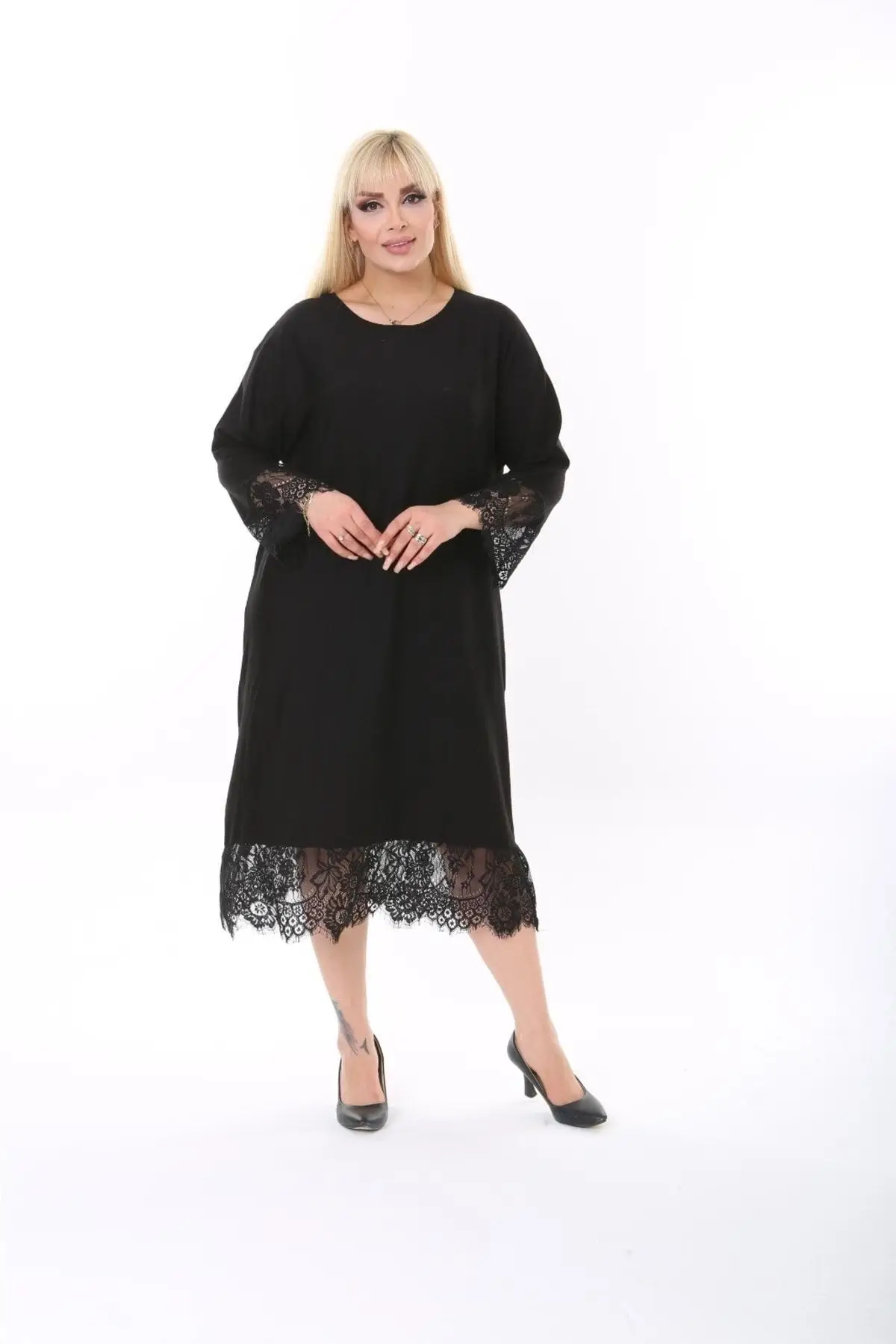 

Women's Black Super Battal Viscose Combed Lacy Maxi Boy Dress Large Size Knitted Crepe Midi Floral Spanish Bicycle