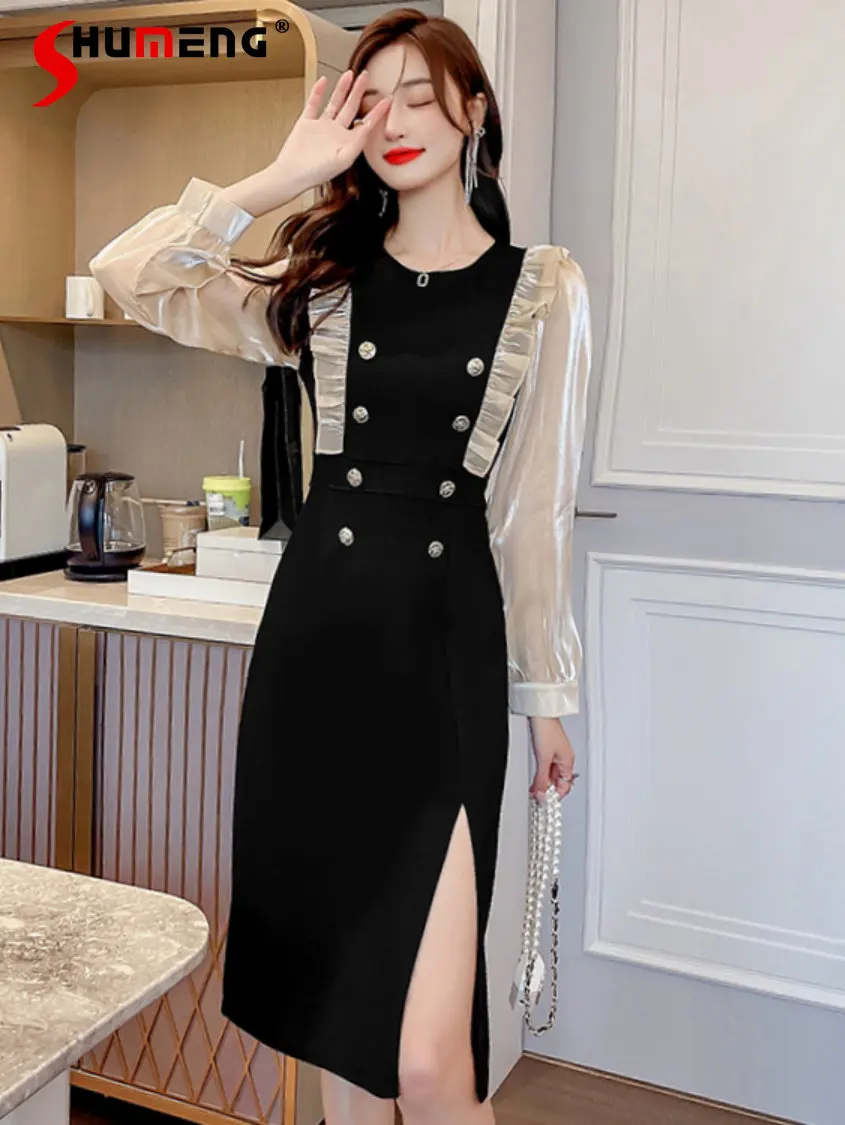 

Fall 2022 New French Style Goddess Elegant Round Collar Gauze Dress Women's Fashion Retro Patchwork Ruffled Mid-Length Dress