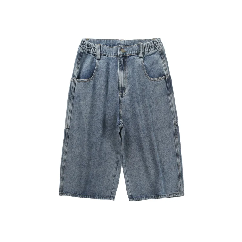 Summer Blue Jeans Men Fashion Retro Oversized Jeans Mens Streetwear Hip-hop Loose Straight Denim Shorts Men Cropped Trousers