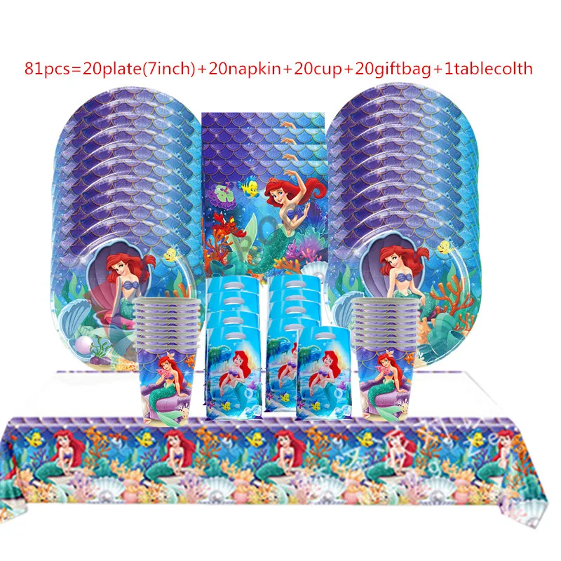 

Little Mermaid Princess Ariel Tableware Balloon Paper Plate Cup Tablecloth napkin Party set Girl Birthday Party Decorations