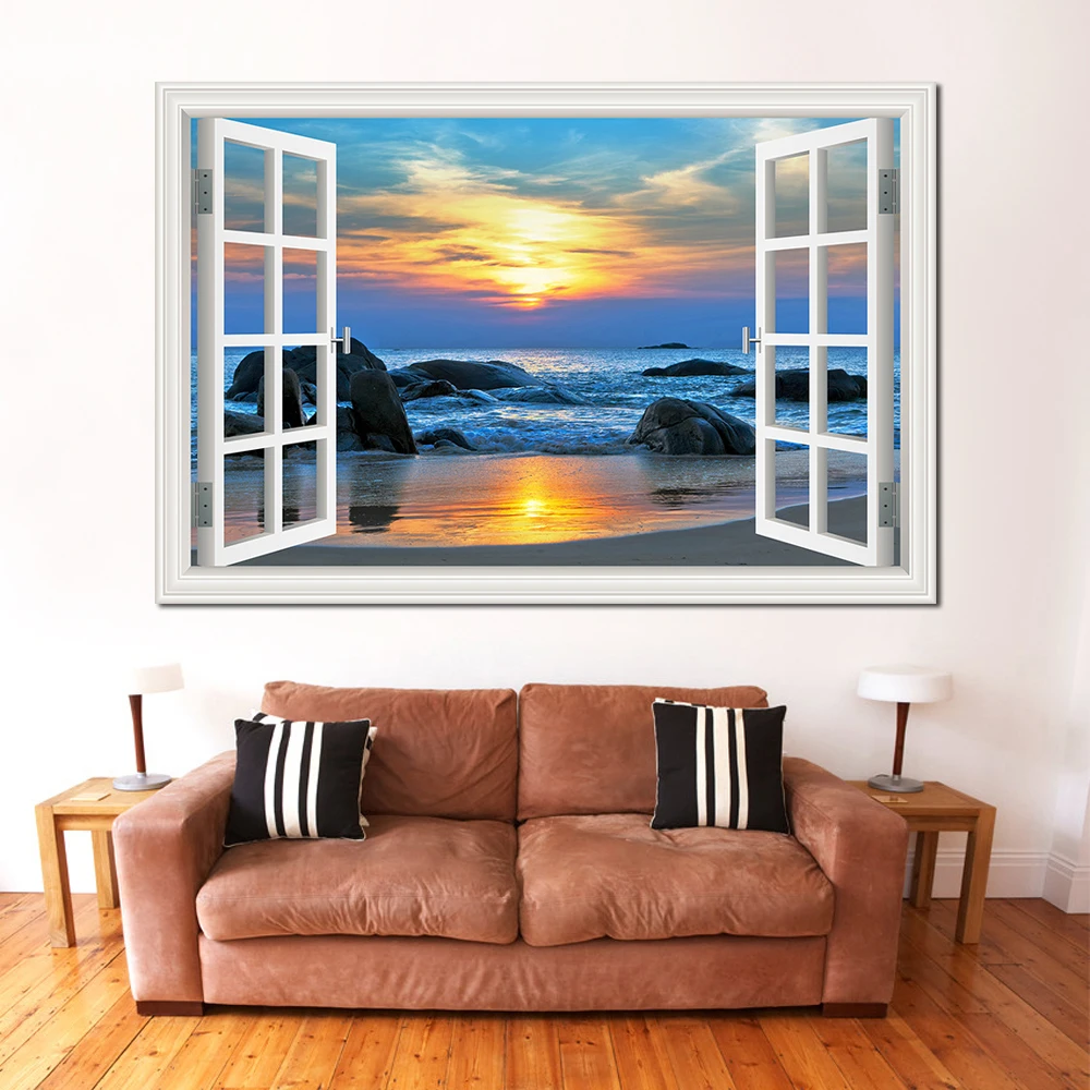 

Seaside Sunset Landscape 3d Sticker Removable Decals Hot Sale Window Wallpaper Home Decor Living Room Bedroom Mural Wall Art