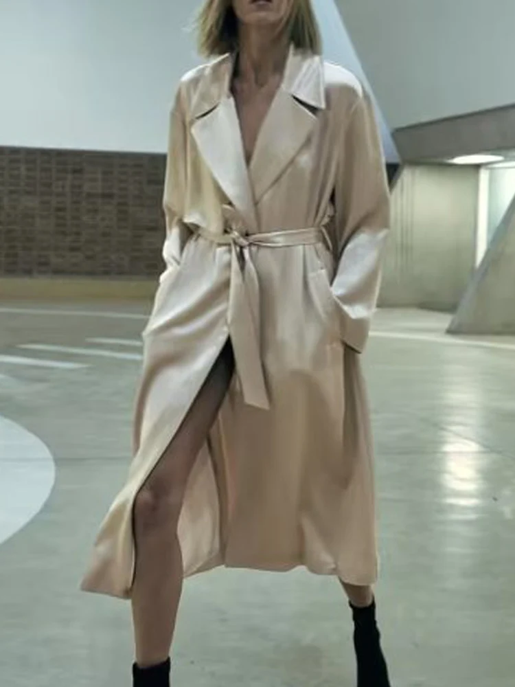 

Женский однотонный тренчкот с бантом Kumsvag, элегантное атласное пальто с поясом и длинным рукавом, верхняя одежда на осень 2022
