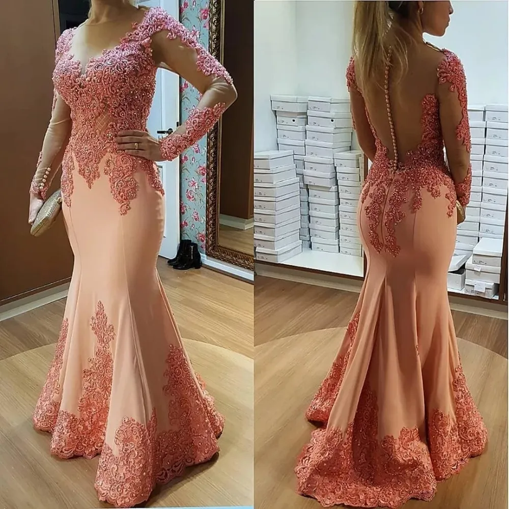 

Luxury Peach Mother of the Bride Dresses 2022 Lace Long Sleeve Wedding Party Dresses Mother Dress Mermaid