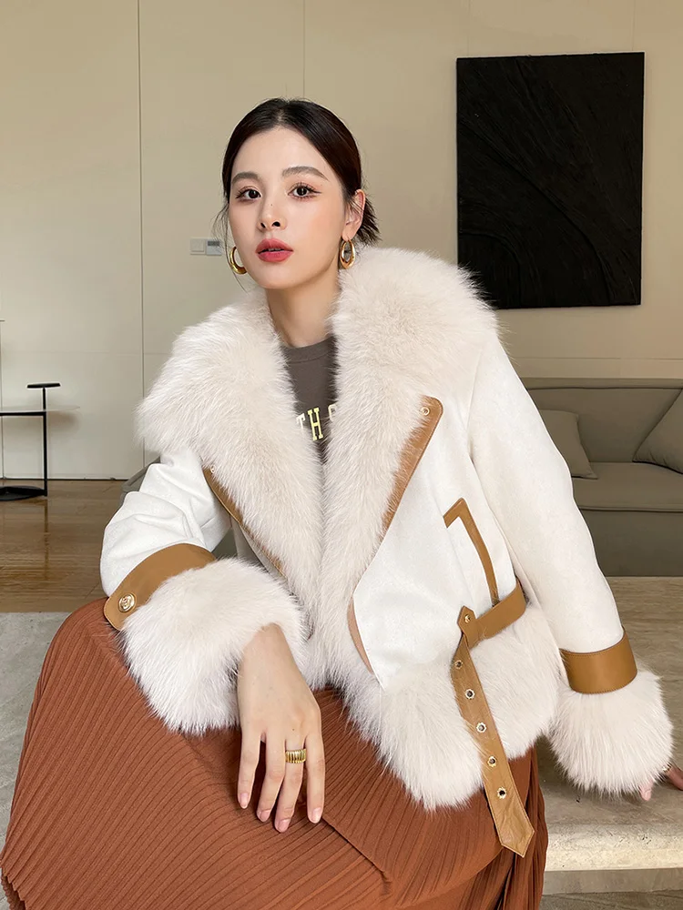 Women Real Fur Coat Autumn Winter Chic Turn-down Collar Fox Fur Patchwork Suede Fur Jacket Loose Goose Down Filling Outerwear