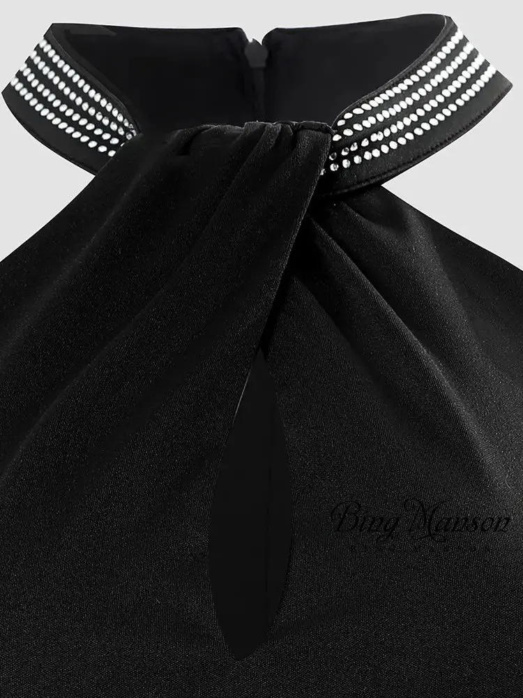 Women's 2023 Bodysuit Water Diamond Elegant Plain Decoration Halter Sleeveless High Street Party Bodysuit Romper Playsuit