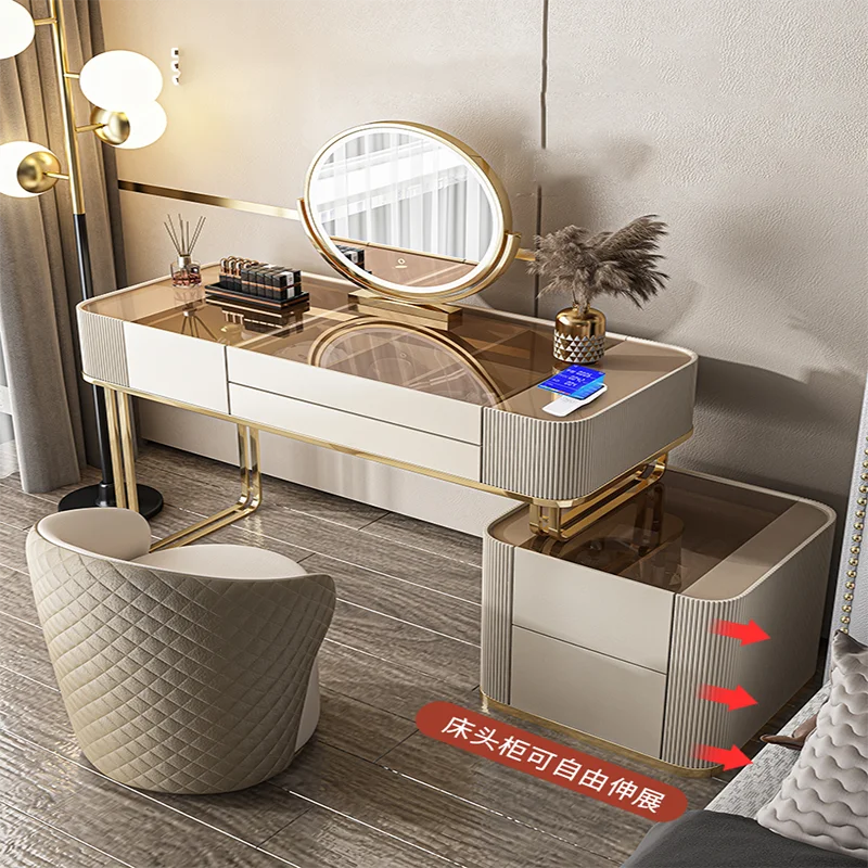 

Simple Modern Glass Dressing Table Bedside Table Integrated Bedroom Luxury Dressing Table Solid Wood Small-sized Cosmetic Table