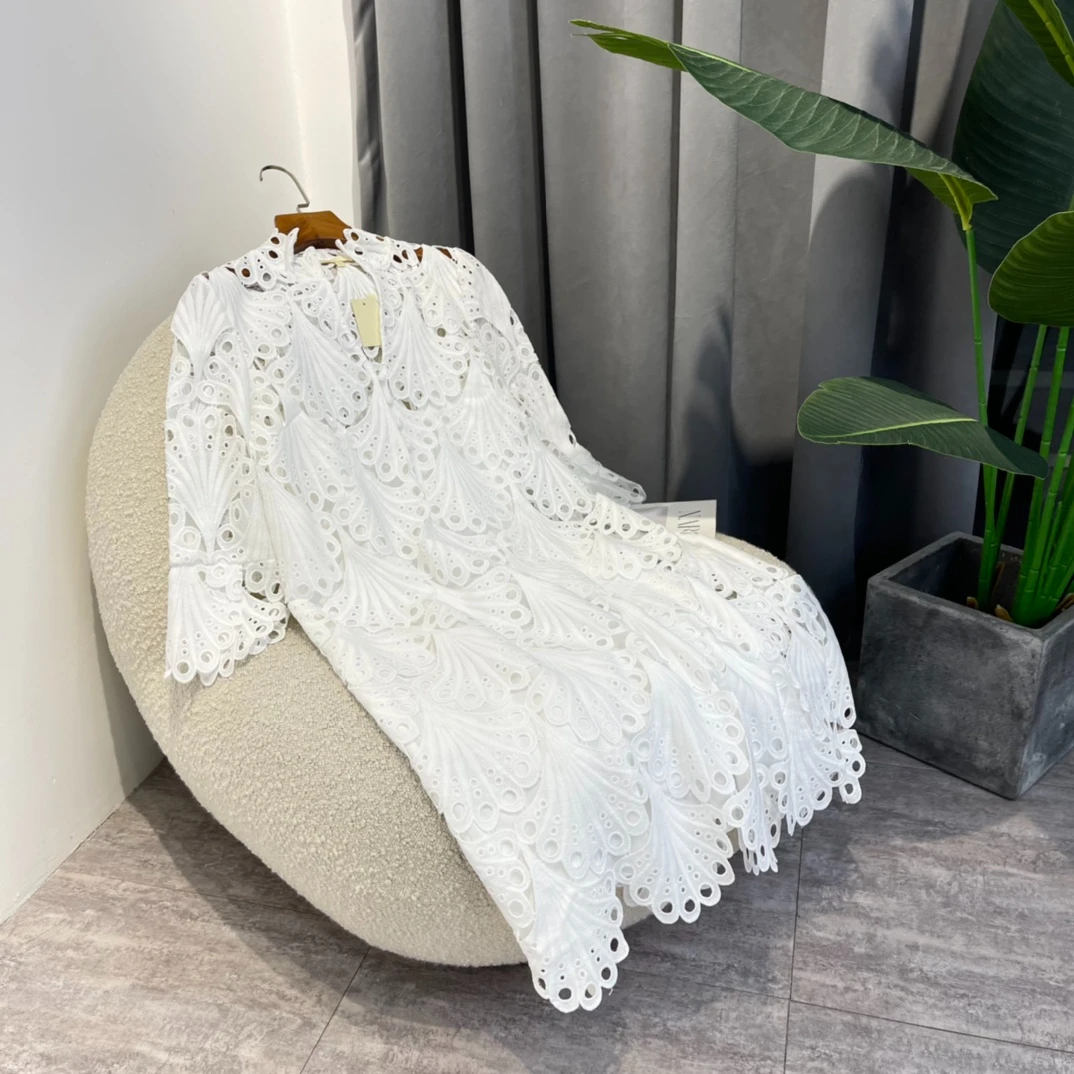

2022 Summer Top Quality Elegant Solid White Hook Flower Hollow Stand Collar Knee Length Irregular Hem Loose Dresses Women