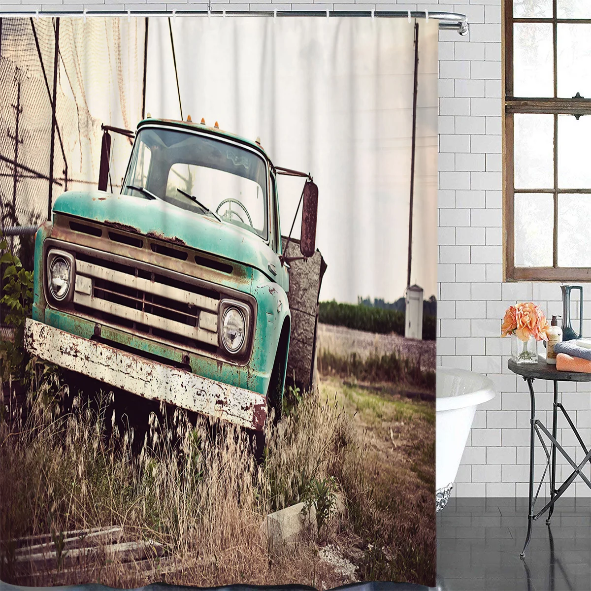 Античная Автомобильная ретро-занавеска для душа в виде грузовика и луга