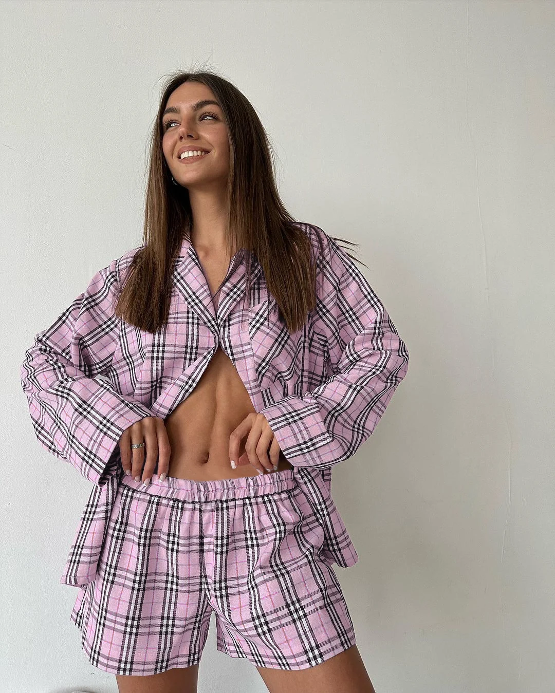 Женский Повседневный костюм из двух предметов клетчатая рубашка в стиле ретро с