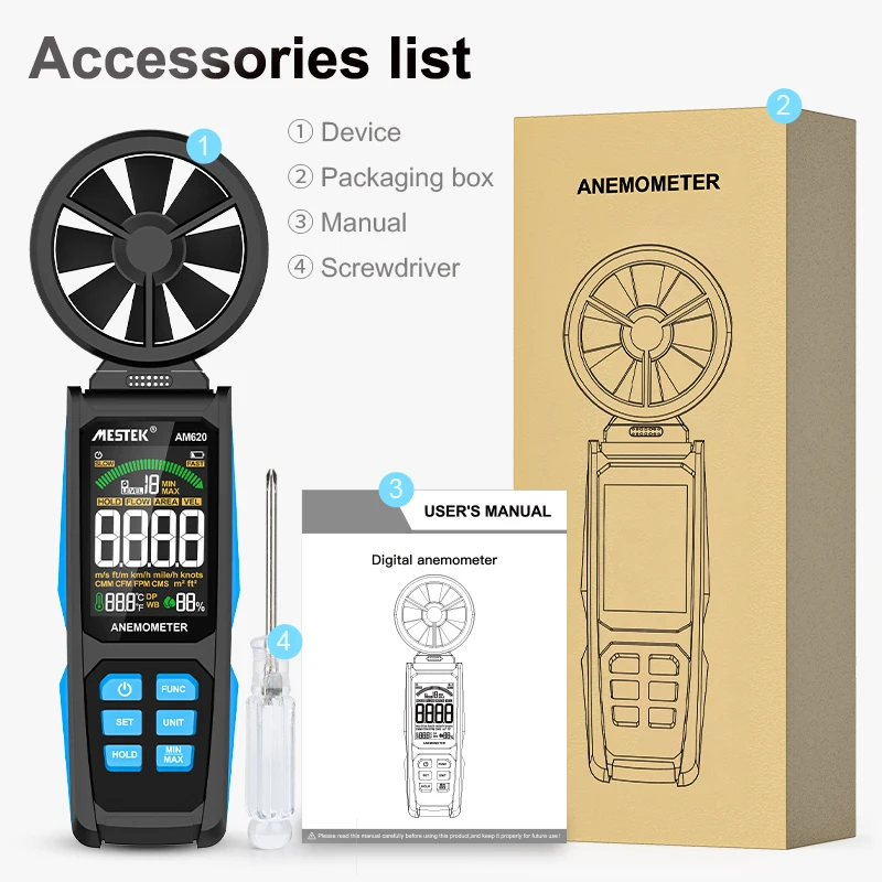 

Ручной цифровой анемометр AM620 с ЖК-дисплеем и подсветкой, точное измерение скорости ветра и температуры