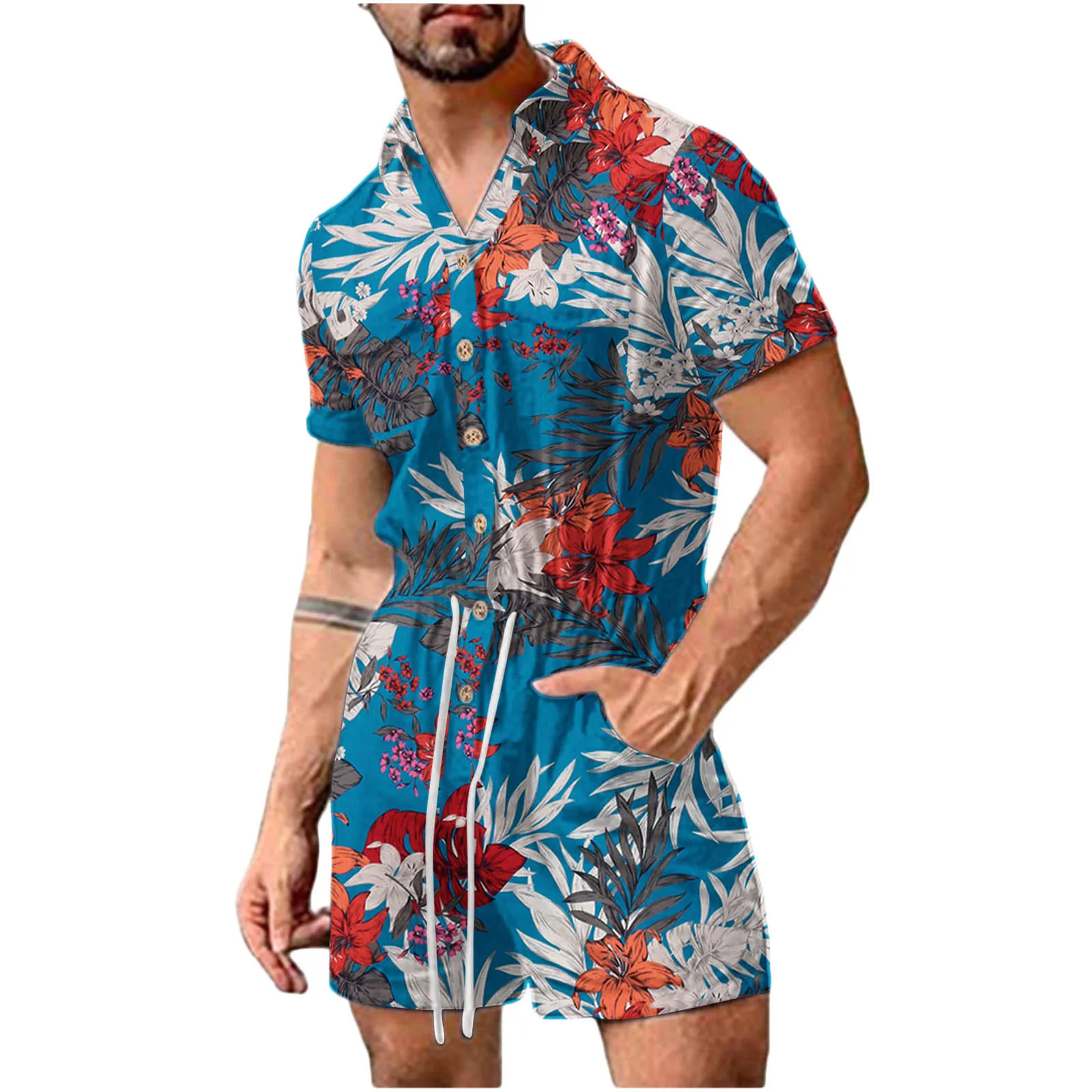 

Jumpsuit With Pockets Men Floral Print Turndown Collar Beach Hawaii Jumpsuit With Button Male Mens Short Sleeve Romper Jumpsuit