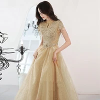 champagne evening dress a line high neck embroidery tassel sleeve applique tulle lace up floor length party prom celebrity gowns