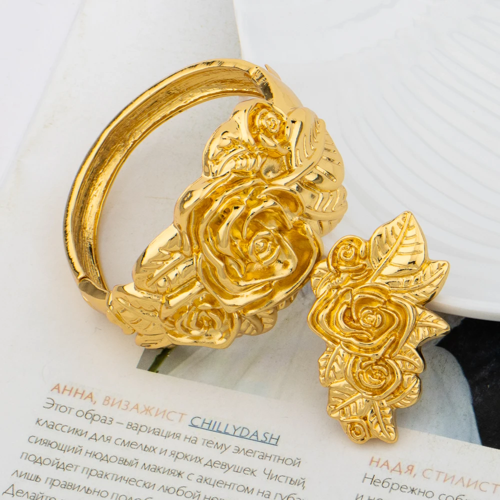

Big Ring Fashion Bangles Sets Golden Bracelet Copper Classic Brazilian African Jewelry For Women Lady Party Wedding Gift