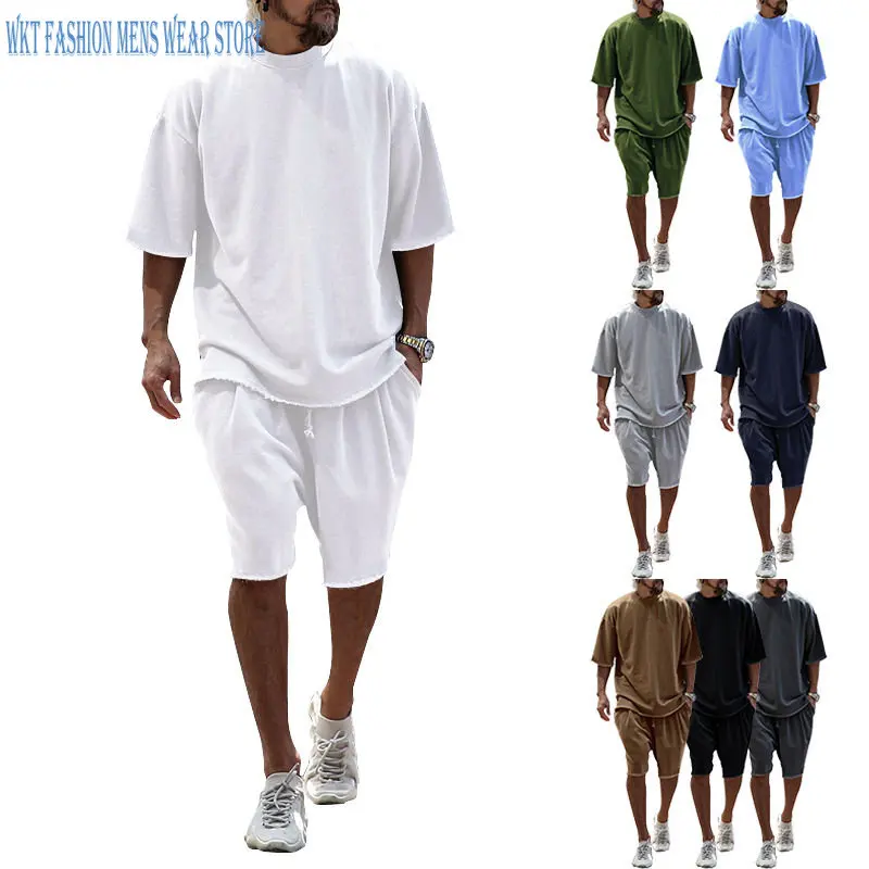 Men's Sets Summer Suit Solid Crew Neck T-shirt Short Sleeves Shorts Loose Leisure Daily Mens Pants Casual Men Clothing