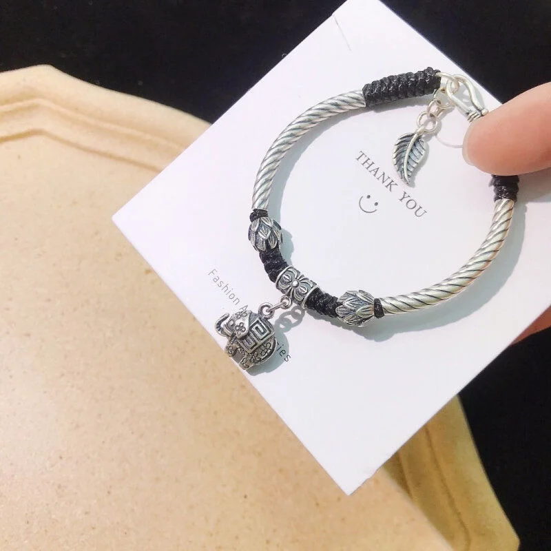 

Elephant Black Rope Vintage Bracelet Female Versatile Lotus Silver Bracelet