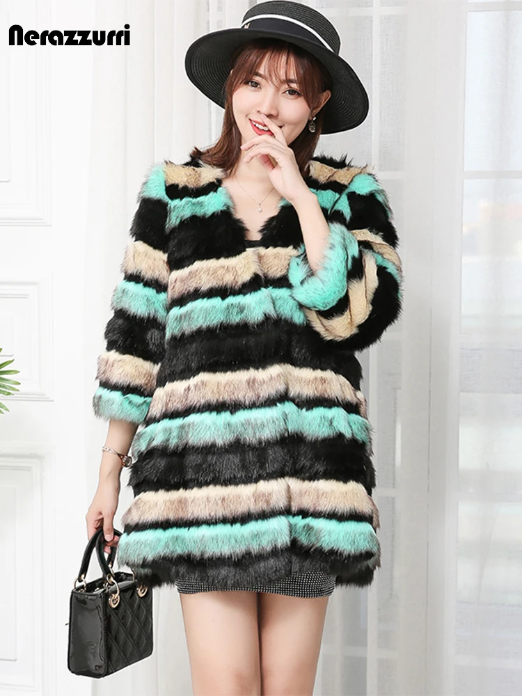 

Nerazzurri зимнее разноцветное элегантное плотное теплое мягкое пальто из искусственного меха для женщин с рукавом 3/4 глубоким V-образным вырезо...