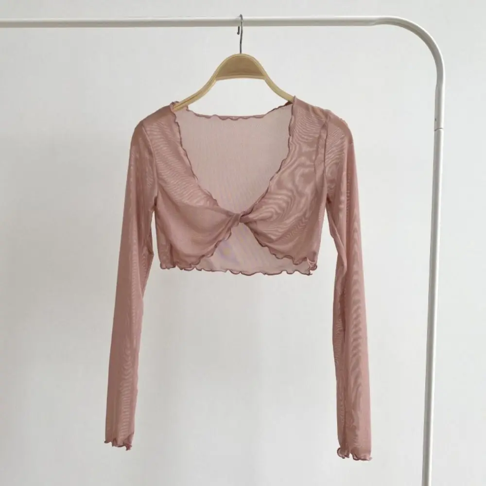 Повседневный сетчатый кардиган с рюшами и узлом прозрачный солнцезащитный топ